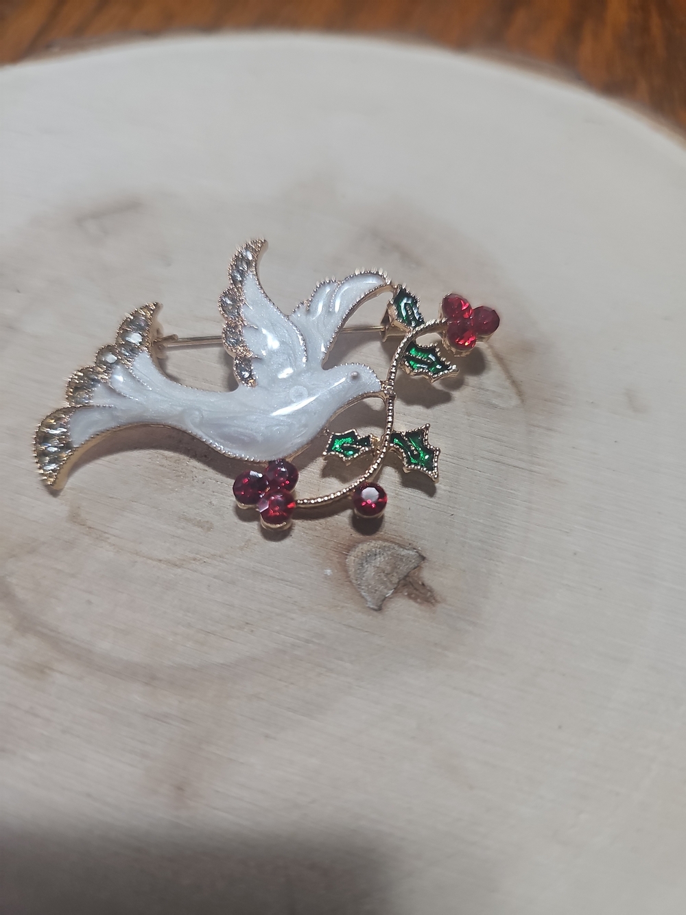 White Dove Brooch with Red & Green Accents - Brand: